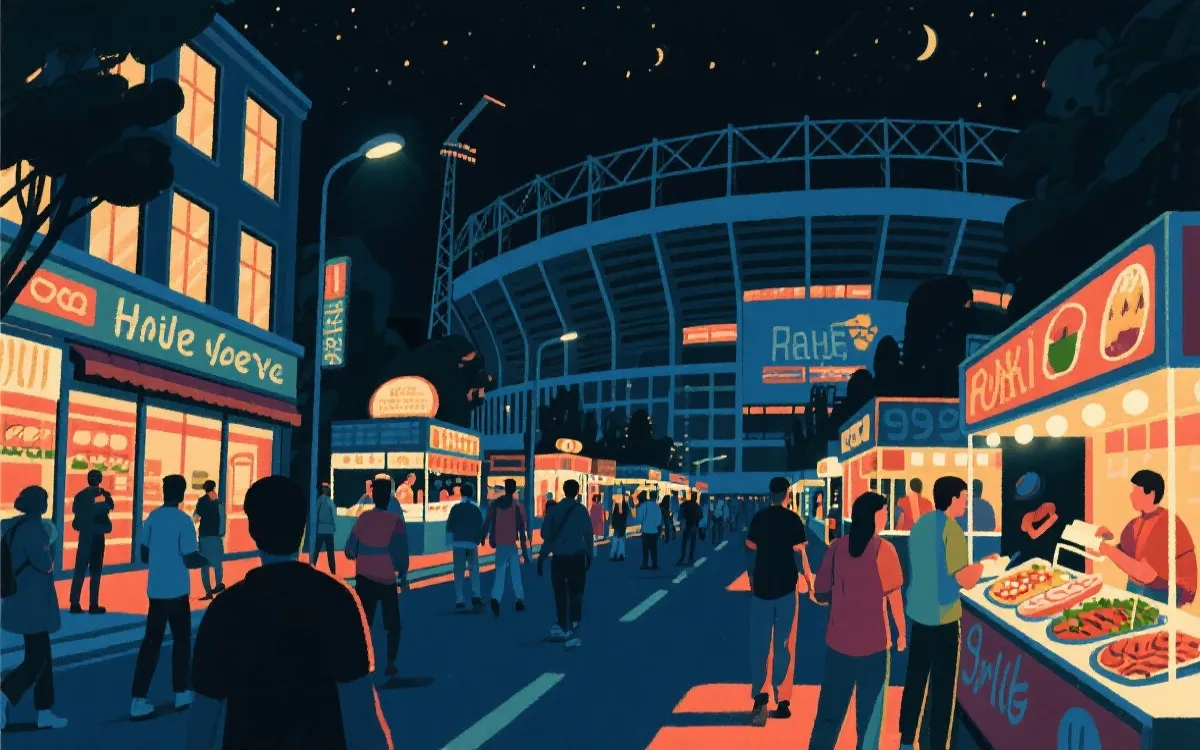 比赛日夜间经济与球迷街区的氛围插图
