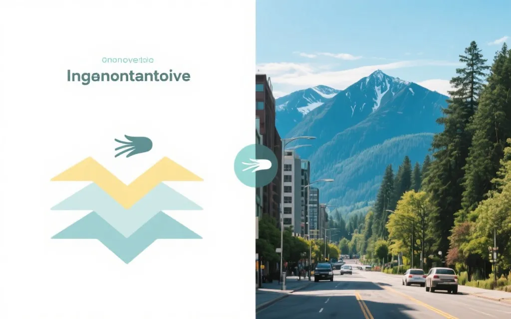 温哥华城市到北岸山地的对比拼贴感画面：市中心阳光与山林阴影，旅行分层穿搭提示，清爽信息图风格