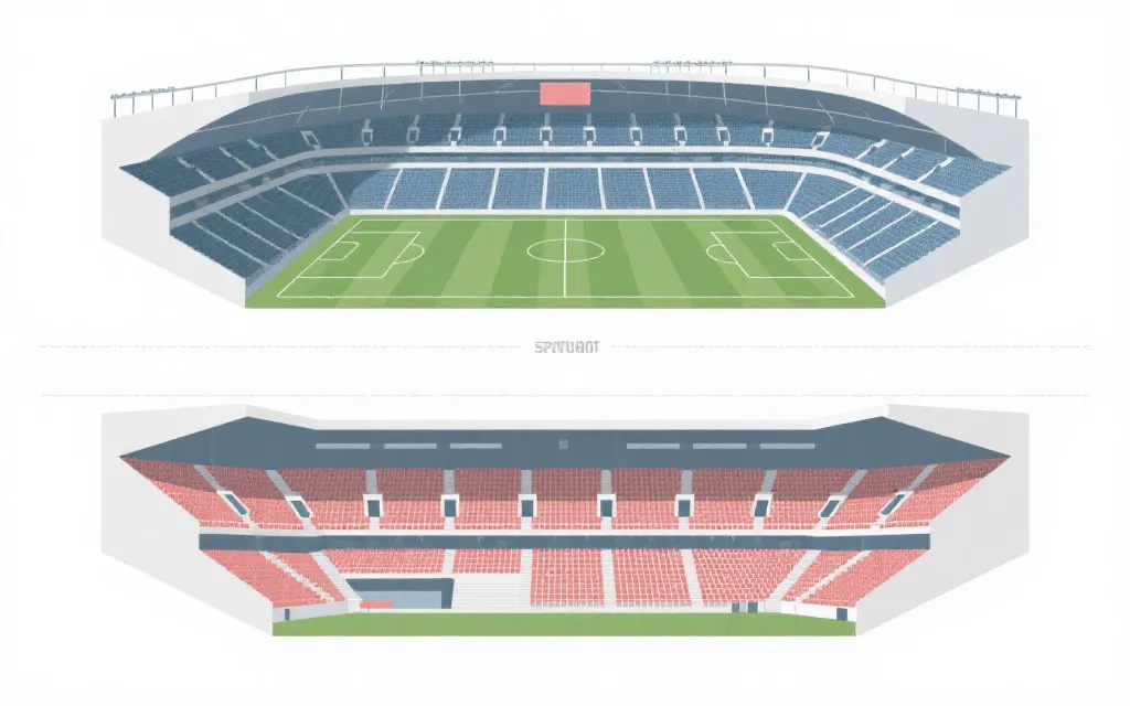 球场看台视角对比概念图：不同高度与角度的观赛体验差异