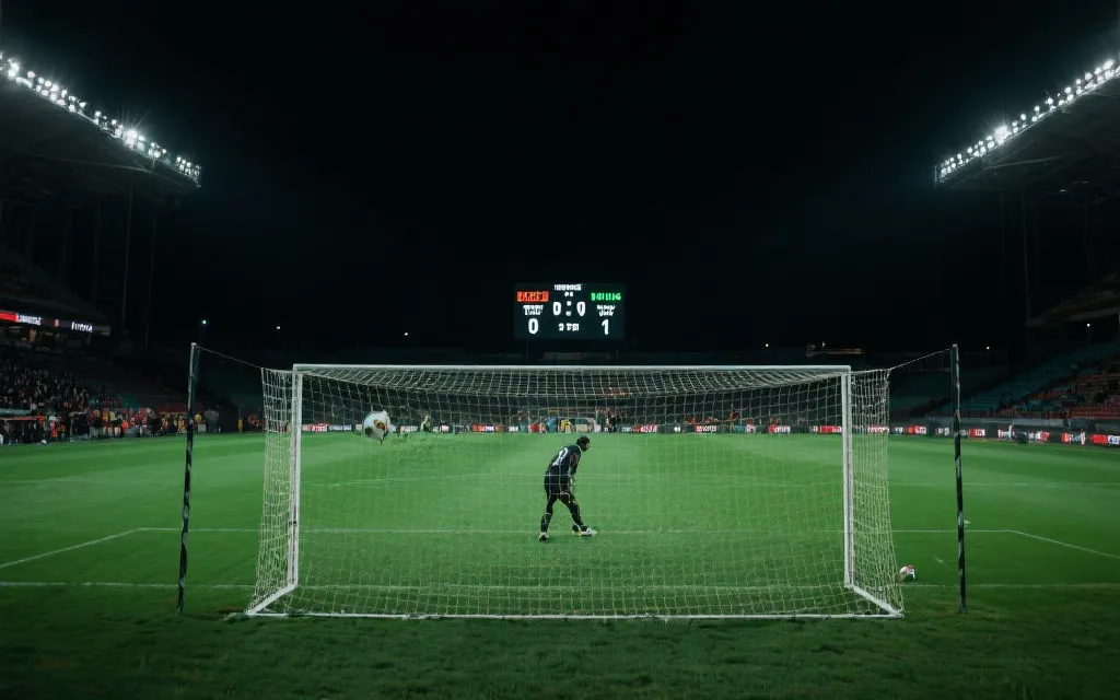 球场夜景与记分牌，象征绝杀与点球大战的高压瞬间